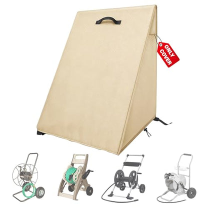 Veranda Patio Free Standing Portable Garden Hose Reel Cover,Waterproof, Dustproof and Sun-Proof Protect Your Hose Reel and prolong its Life(26"W x25"D x 35"H) - color: Khaki - Two Wheels Hose Reel Cart Cover, size: 0-200FT