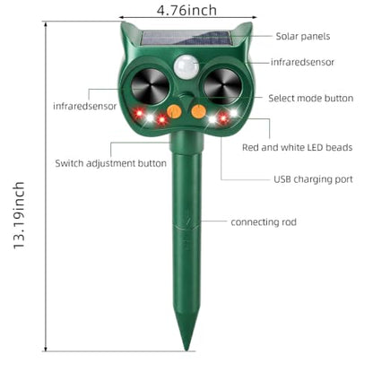 2 Pack Solar Ultrasonic Animal Repeller, Motion Sensor Deer Cat Deterrent