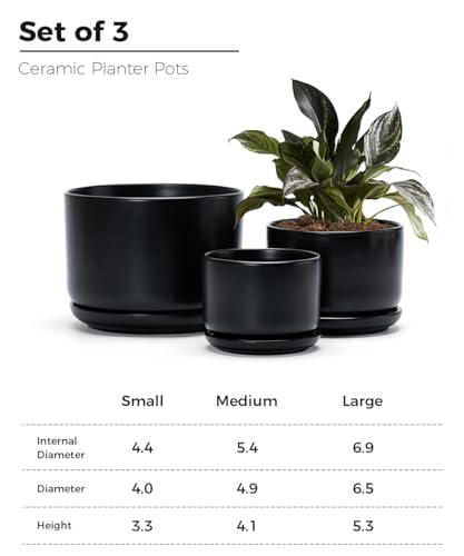 Flower Pots,Ceramic Pots with Drainage Holes & Saucer Set of 3(Matte Black) - color: Matte Black