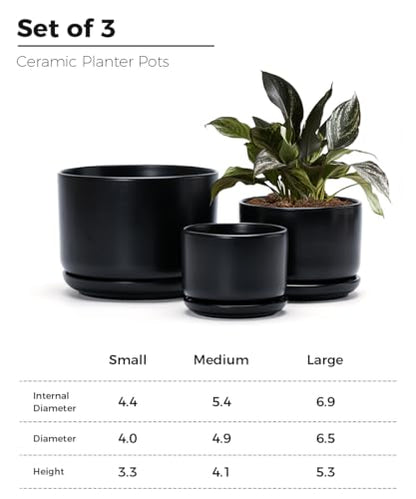 Flower Pots,Ceramic Pots with Drainage Holes & Saucer Set of 3(Matte Black) - color: Matte Black