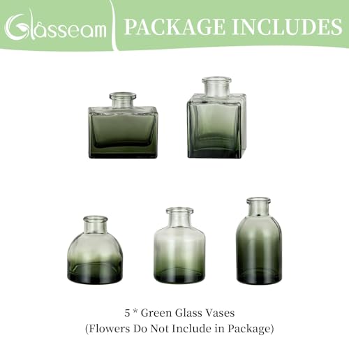 Glasseam Small Vases for Flowers, Green Mini Glass Bud Vases Set of 5 - color: Green, size: 5Pcs- Mini Vases