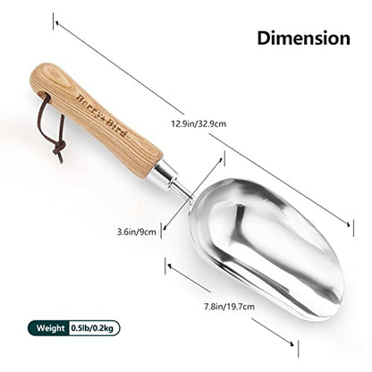 Berry&Bird Loose Soil Scoop, 12.9" Stainless Steel Gardening Scoop with Wood Handle - color: Loose Soil Scoop, size: Small