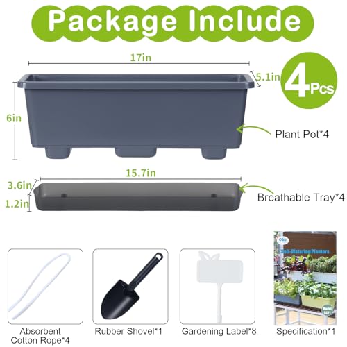 Window Box Planter 4 Packs, 17 Inches Rectangle Flower Pots with Drainage Holes & Trays, Pots for Vegetables, Herbs, Flowers, Garden Windowsill Balcony (Grey, 17 * 5.1 * 6 inch) - color: Gray