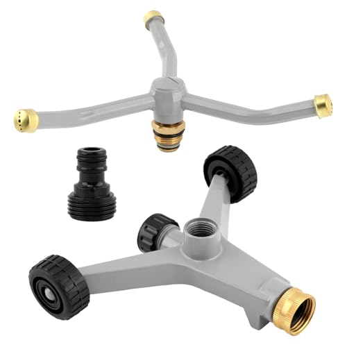 Metal Rotating Water Sprinkler for Lawn, 360 Degree Automatic Rotary Sprinkler, 3-Arm Metal Sprinkler with Wheel Base, Cover up to 1,384 Sq ft Quiet Operation for Yard Garden