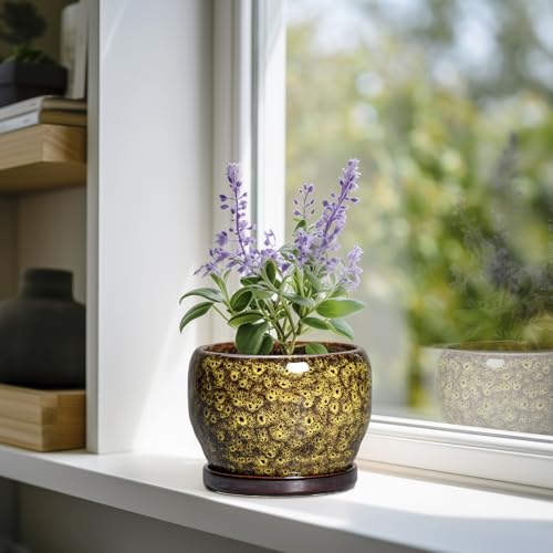 SQOWL 6 Inch Plant Pot - Ceramic Flower Pots with Drainage Hole and Saucer, Ceramic Planter for Indoor Plants Outdoor, Round Decorative Small Planter, Table Desk Decor, Housewarming Gifts, Yellow - color: Leopard Yellow, size: 6 Inch