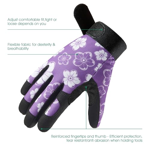 COOLJOB Padded Thorn Proof Gardening Work Gloves for Women & Ladies, S-L - color: Purple Flowers, size: Medium