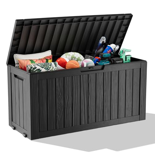 90 Gallon Outdoor Storage Box, Resin Deck Boxes Waterproof, Indoor Outdoor Bin for Package Delivery, Patio Cushions, Gardening Tools, Lockable, UV Resistant - color: Black, size: 90 Gallon