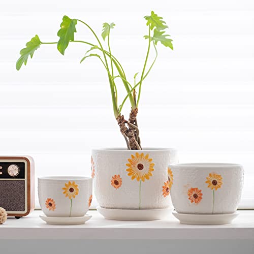 Ceramic Plant Pots,Sunflower Planters with Drainage Holes & Matching Saucer - color: White and Yellow