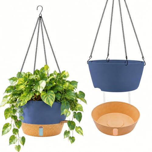 ZMTECH Large 12Inch Self Watering Hanging Planter, Water Window & Chain - color: Blue