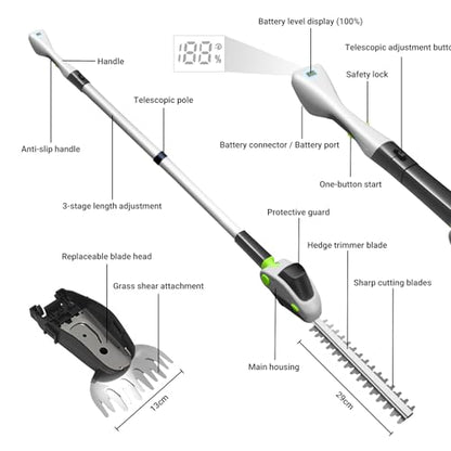 4-in-1 Pole Hedge Trimmer Cordless with 2 PCS 3.0Ah Battery