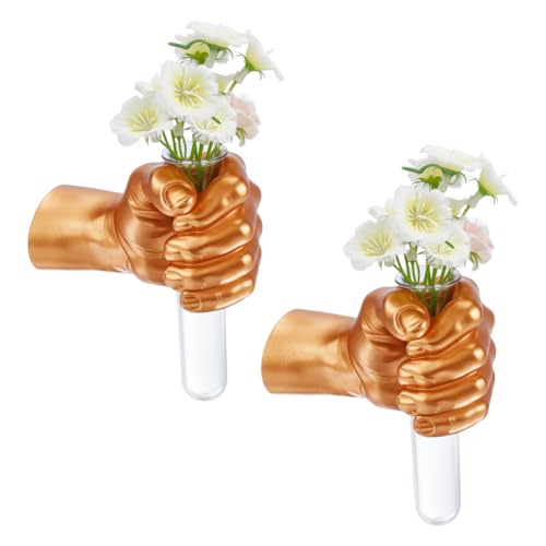 AHANDMAKER 2Pcs Wall Sculptures Golden Hand Vases Home Decor Wall Mount Art Sculpture Funky Flower Vase with Test Tube for Unique Decoration in Living Rooms, Entrance and Room - color: Gold