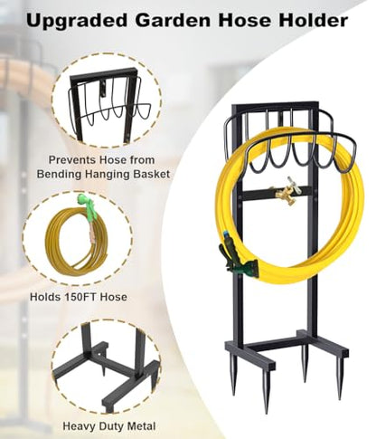 Artigarden Outdoor Garden Hose Holder Freestanding with Brass Faucet And 4 Spikes, Heavy Duty Metal Water Hose Reel Stand Hanger Rack Organizer Holds Storage 150ft Hose for Outside Yard Lawn, Black - style: Wave Style with Faucet