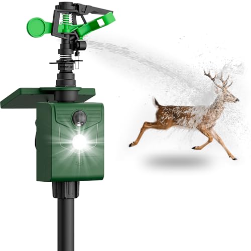 Motion Activated Animal Repeller with Water Sprinkler, Deer Repellent Devices Solar Powered, IP65 Waterproof Cat Repellent Outdoor with Flashing Light, Deter Deer Foxes Skunks Raccoons from Garden