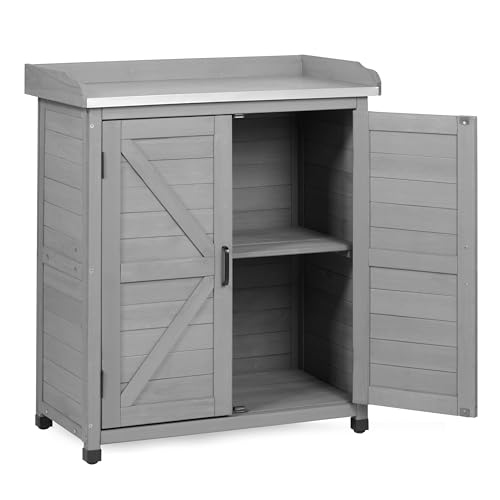 Outdoor Potting Bench with Storage Cabinet, Wooden Garden Potting Table with Metal Tabletop, Workbench Station for Patio Backyard (Classsic Grey, 31.5x17x39) - color: Classic Grey, size: 31.5x17x39