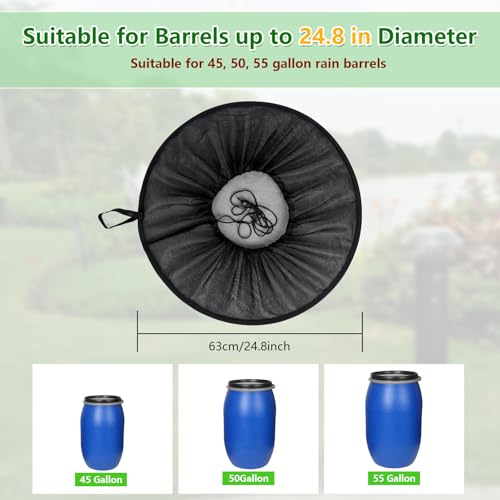 Tryly 2Pcs Mesh Cover for Rain Barrels, Pop Up Rain Barrel Net Cover with Drawstring, Water Collection Buckets Cover, Rain Barrel Netting Screen to Block Leaves and Debris Falling in (24.8inch) - size: 24.8inch