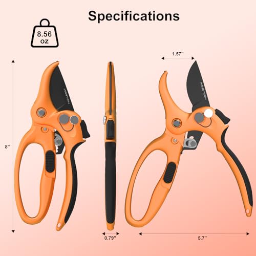 8" Handheld Pruning Shears - Heavy-Duty Stainless Steel Garden Scissors - color: Black/Orange