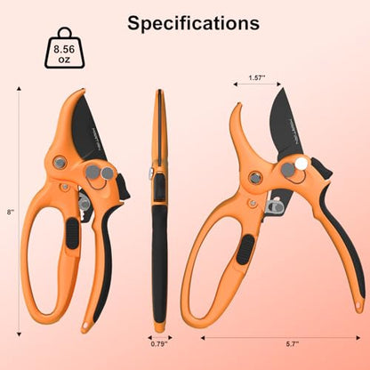 8" Handheld Pruning Shears - Heavy-Duty Stainless Steel Garden Scissors - color: Black/Orange