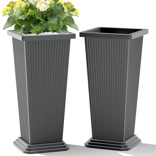 TUYOHW Set of 2 Tall Planters, 24" Large Indoor Outdoor Flower Pots with Tray, Modern Tapered Planters for Porch, Patio, Garden, Backyard - color: Square Ribbed Gray