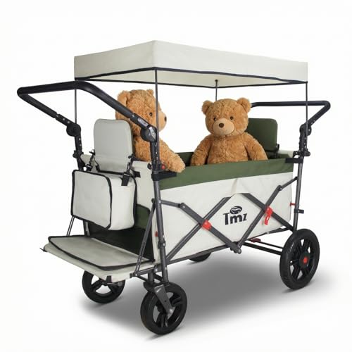 TMZ Collapsible Wagon with 2 Foldable Seats, Folding Wagon with Canopy, Multi Functional Cart with Adjustable Handle Bar, Front Expandable for Transport Camping (Green/Beige) - color: Green/Beige