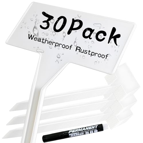 Mziart 30 Pack Large Plant Labels for Outdoor Garden Labels, Waterproof 12 Inch Tall T-Type Plastic Plant Tags Stakes Garden Markers for Herbs Flowers Vegetables, White