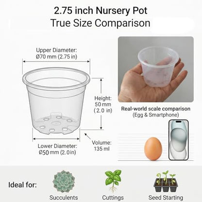 100 Pcs Seed Starter Pots Kit 2.75 Inch Clear Nursery Pots for Plants for Seedlings,Small Plastic pots for Plants,Succulents,Plastic Nursery Pots with Drainage Holes (Size B) - size: Size B