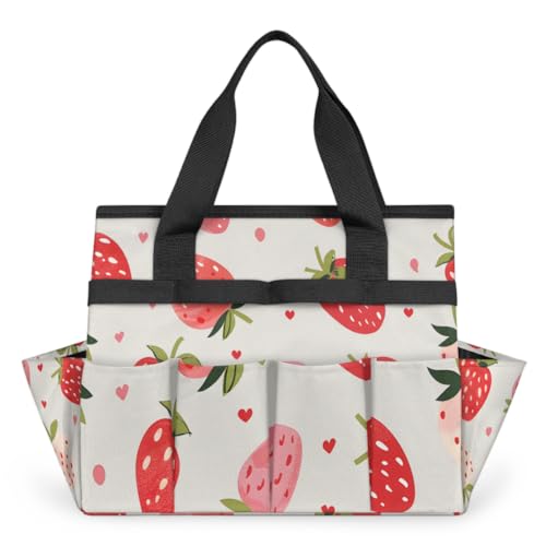 Strawberries Gardening Tool Bag,Heavy Duty Garden Tote Bag,Portable Oxford Gardening Storage Basket Organizer Handbag with Pockets Handle,Hand Tools Gifts for Outdoor Garden Lawn Yard - color: Strawberries