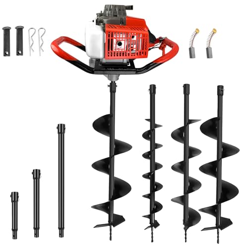 72CC Gas Powered Auger Post Hole Digger, 2 Stroke Earth Digger with 3 Auger Bits (4" 6" 8") & 3 Extension Rods - for Farm Garden Planting, Fencing Construction - Orange