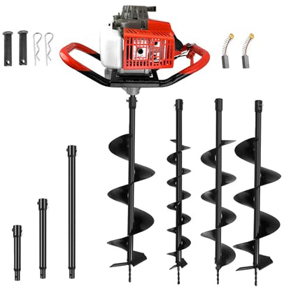 72CC Gas Powered Auger Post Hole Digger, 2 Stroke Earth Digger with 3 Auger Bits (4" 6" 8") & 3 Extension Rods - for Farm Garden Planting, Fencing Construction - Orange