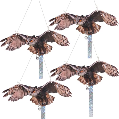 Plastic Owl to Scare Away, 4Pcs Reflective Fake Owls Hanging Decoration, Dual-Sides Printed Raster Fake Hawk Eagle Keep Away Pigeon Barn Swallow to Protect Yard Garden Patio - color: 4Pcs Brown-2