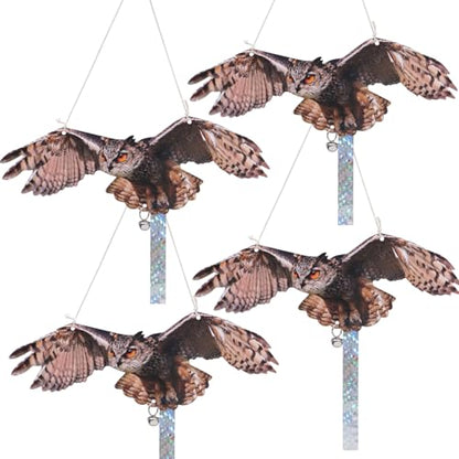Plastic Owl to Scare Away, 4Pcs Reflective Fake Owls Hanging Decoration, Dual-Sides Printed Raster Fake Hawk Eagle Keep Away Pigeon Barn Swallow to Protect Yard Garden Patio - color: 4Pcs Brown-2