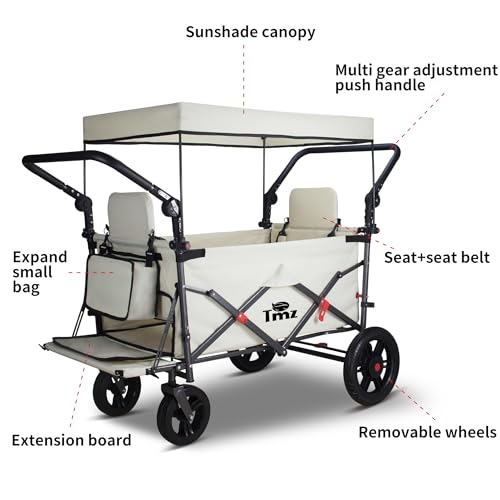 TMZ Collapsible Wagon with 2 Foldable Seats, Folding Wagon with Canopy, Multi Functional Cart with Adjustable Handle Bar, Front Expandable for Transport Camping (Beige) - color: Beige