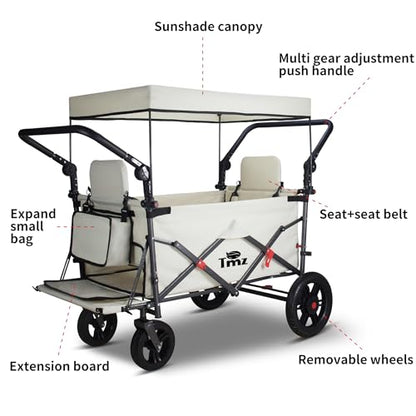 TMZ Collapsible Wagon with 2 Foldable Seats, Folding Wagon with Canopy, Multi Functional Cart with Adjustable Handle Bar, Front Expandable for Transport Camping (Beige) - color: Beige