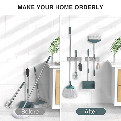 homeasy Wall Mount Mop and Broom Holder, Heavy Duty Stainless Steel Organizer Rack with Hooks | 2-Pack, 2-in-1 No Drill & Screw Installation, Silver - color: Silver-2