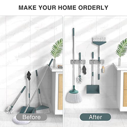 homeasy Wall Mount Mop and Broom Holder, Heavy Duty Stainless Steel Organizer Rack with Hooks | 2-Pack, 2-in-1 No Drill & Screw Installation, Silver - color: Silver-2