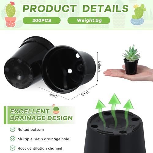 Yaomiao 200 Pcs 2 Inch Black Mini Nursery Pots with Drainage Holes - color: Black, size: 2 Inch