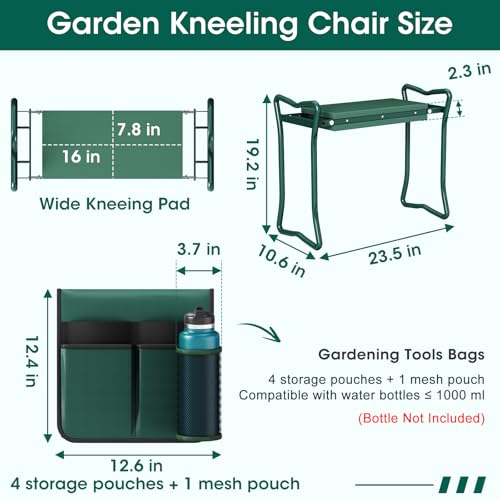 2-in-1 Garden Kneeler with Umbrella, Garden Kneeling Bench & Green Umbrella, Portable Garden Stool Loads Capacity 330lb and Garden Tools Bag with bottle holder, Gardening Gifts for Women,Men,Seniors - color: Green