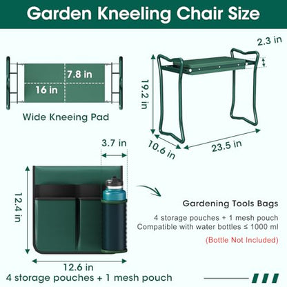 2-in-1 Garden Kneeler with Umbrella, Garden Kneeling Bench & Green Umbrella, Portable Garden Stool Loads Capacity 330lb and Garden Tools Bag with bottle holder, Gardening Gifts for Women,Men,Seniors - color: Green