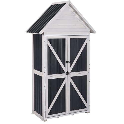 GUTINNEEN Outdoor Storage Cabinet, Wood & Metal Frame Garden Storage Shed with Waterproof Plastic Roof, Adjustable Shelves, Raised Base, Weather-Resistant Tool Shed for Backyard, Patio & Lawn, 67.5"H - color: Black