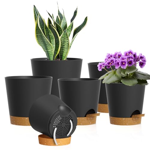 WSMKSZ 7/6.5/6/5.5/5/4 inch Self Watering Pots for Indoor Outdoor Plants, 6 Pack Plastic Flower Planters with Drainage Holes and Removable Saucers, Plant Pots with Wicking Rope, Black Brown - color: Black Brown, size: 7+6.5+6+5.5+5+4inch 6pcs