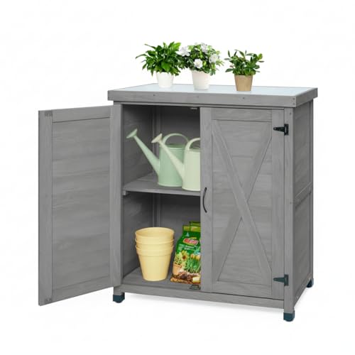 Garden Potting Bench Table with Storage Cabinet – Outdoor Wooden Workstation with Metal Tabletop, Solid Wood Planting Work Bench for Patio, Garden & Backyard, Gray - color: Gray