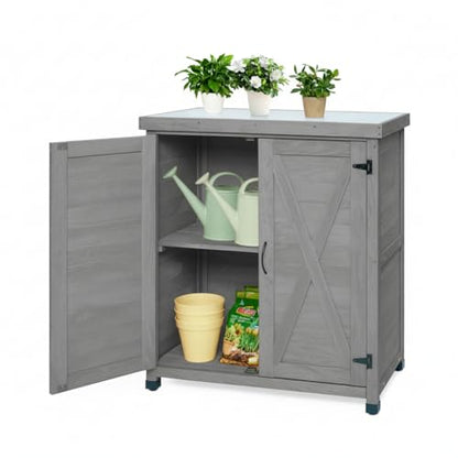 Wood Outdoor Storage Cabinet Potting Bench with Metal Top - color: Gray-B