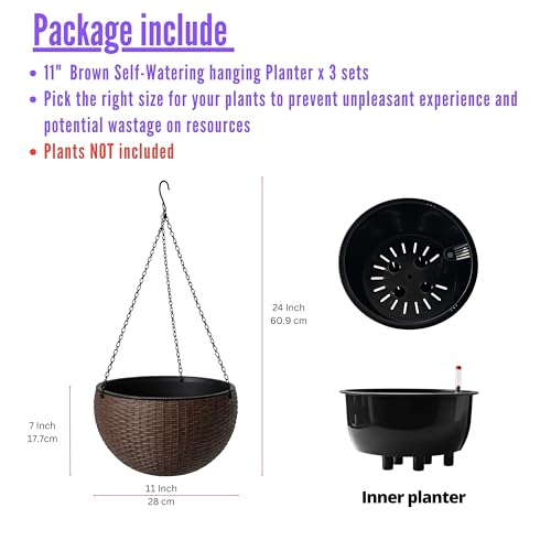 LaLaGreen Hanging Planters (11in, 3 Pack) Self-Watering Hanging Flower Pots - color: Brown X 3