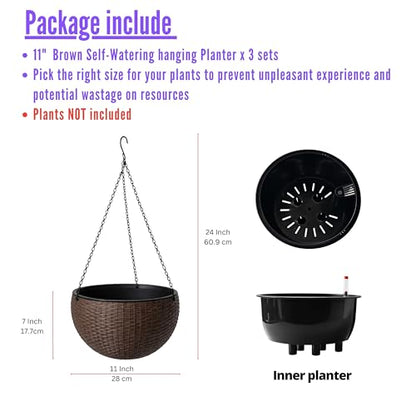 LaLaGreen Hanging Planters (11in, 3 Pack) Self-Watering Hanging Flower Pots - color: Brown X 3