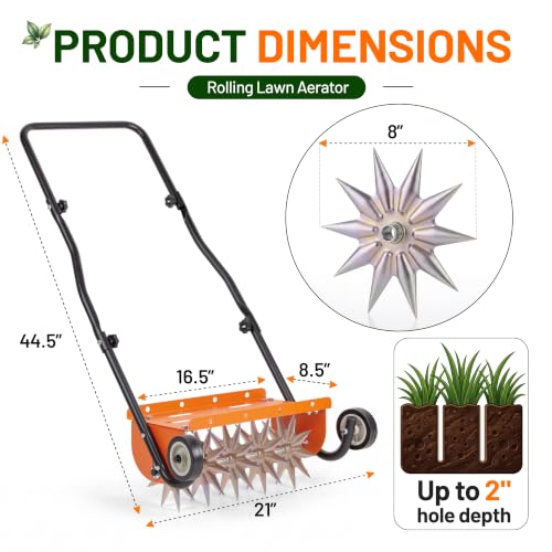 Walensee Rolling Lawn Aerator Tool, 2" Spike Aerator, Orange