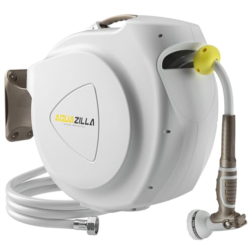 Retractable Garden Hose Reel, 5/8 in 100+6 ft, Heavy Duty Wall Mounted Water Hose Reel, Spring Power Automatic Rewind, Any Length Lock, 180° Swivel Bracket, 10 Pattern Spray Nozzle - size: 5/8" 100FT