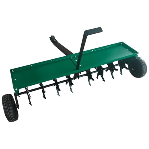 48'' Tow Behind Lawn Aerator, Heavy Duty Tow Pull Behind Plug Aerator with Universal Hitch, 3" Spikes & Inflatable Wheels, Tow Behind Core Aerator for Lawn, Grass Yard, Garden and Farms, Green - color: Green