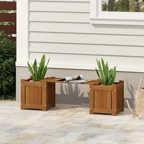Furinno TIOMAN Mini Planter Box with Bench, Hardwood Flower Box with Seat, Cube Garden Box, in Teak Oil, Outdoor Indoor, Garden, Patio, Balcony, Light Wood - size: 10" x 10" Boxes with 24" Wide Bench