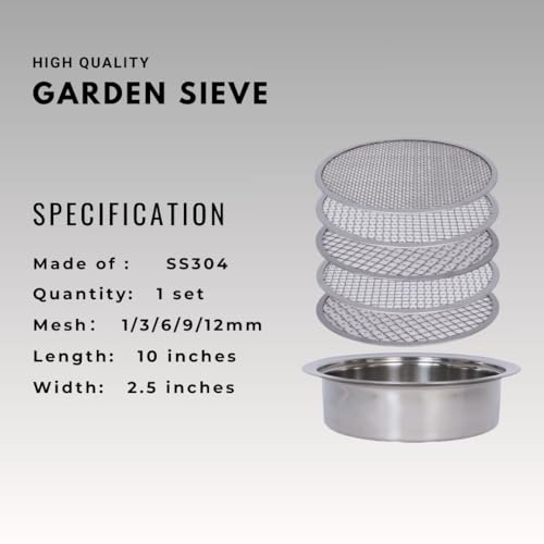 Soil Sifter Set for Garden with 5PCS Mesh(1,3,6,9,12mm) Sieve for Rocks and Sand