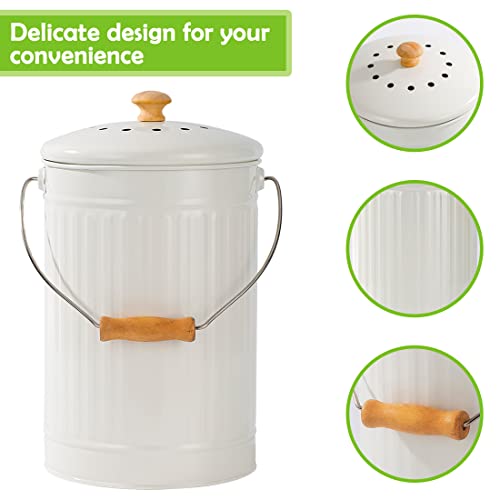 1.7 Gallon Kitchen Compost Bin, Indoor Countertop Compost Bin with Lid, 100% Rust Proof Compost Bucket with Non-Smell Charcoal Filters (White)