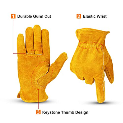 OZERO Leather Work Gloves, Gardening Gloves, Cowhide, Mesh Lining, X-Large - color: Gold With Mesh Linning (1 Pair), size: X-Large